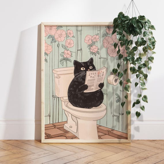 Japanese Style Cat Poster Gift, Funny Bathroom Wall Art, Black Cat Toilet Print, Zen Bathroom Decor, Cat Lover Gift, Toilet Humor Art PS0761