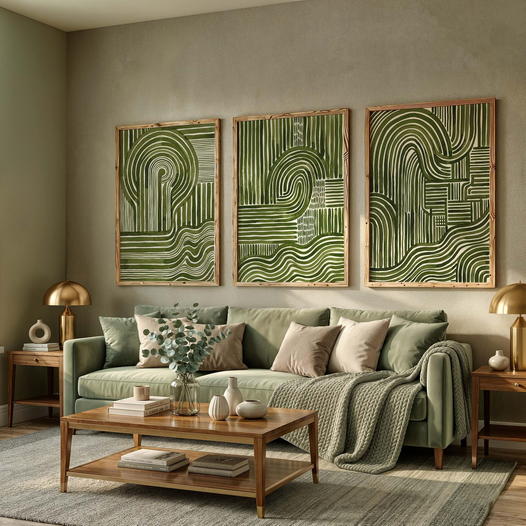 Abstract Green Wall Art Set of 3, Mid Century Modern Line Print Trio ...