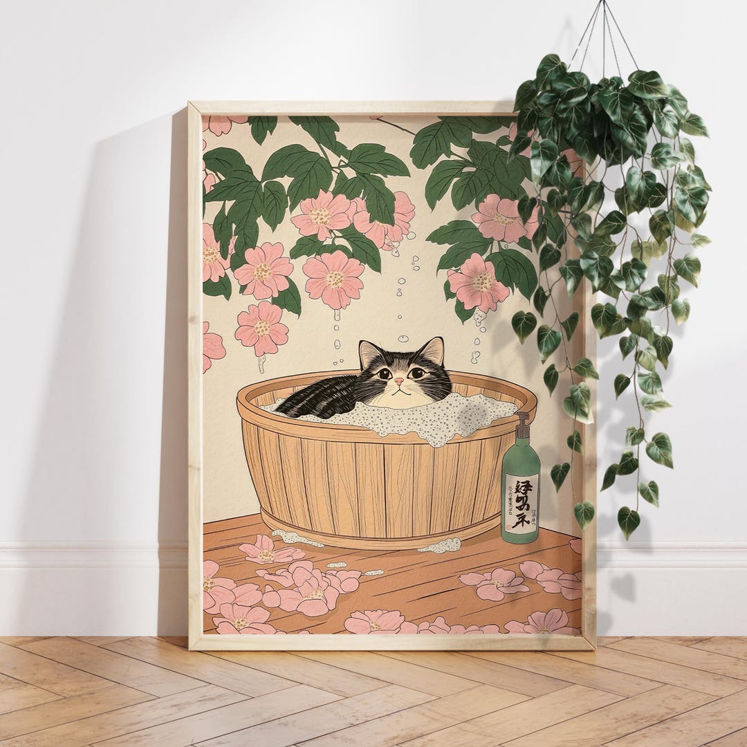 Tabby Cat in Bathtub, Japanese Bathroom Decor, Japan Art Print ...