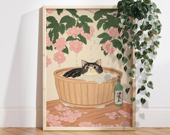 Tabby cat in bathtub, Japanese bathroom decor, Japan art print, Aesthetic wall art, Neutral minimalist poster, Unique Cat Lover Gift PS0665