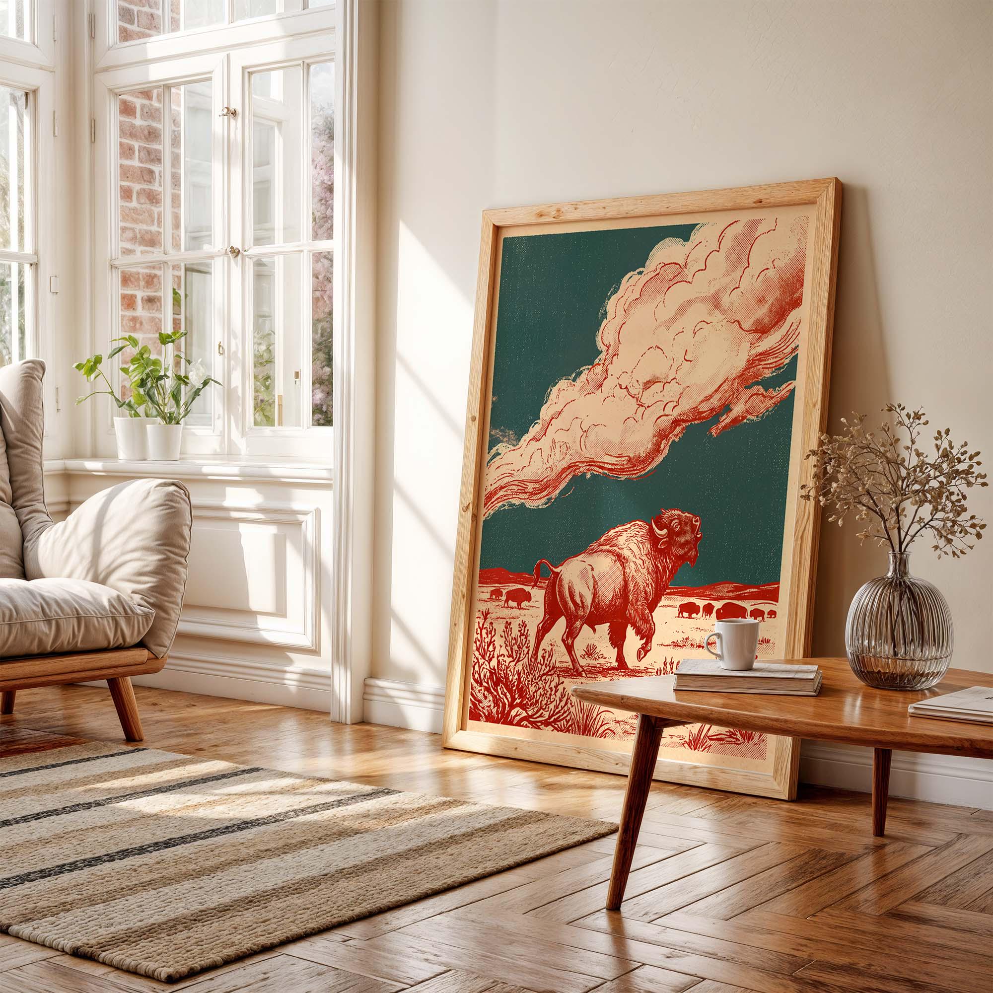 Buffalo Wall Art Print, Bison Western Poster, Vintage Prairie Landscape ...