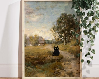 Platteland kat print cadeau, zwarte kat landschap muur kunstposter, rustieke Cottagecore kat print, vintage natuur decor, kattenliefhebber cadeau, PS0769