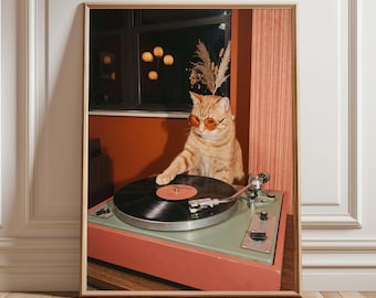 Orange Cat DJ Wall Art Print, Vinyl Record Player Poster, Retro Listening Room Decor, Funny Music Lover Gift