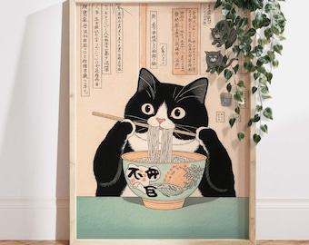 Gato esmoquin comiendo fideos, lámina de arte japonés, regalo para amantes de los gatos