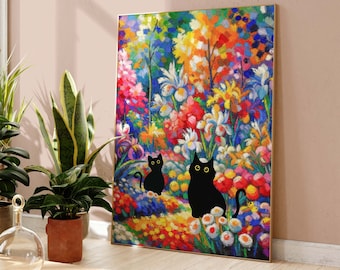 Black Cat Poster, Matisse Cat Print, Garden Flowers Cat Poster, Colorful Cat Art, Funny Cat print, Funny gift Idea, Home decor Poster PS0525