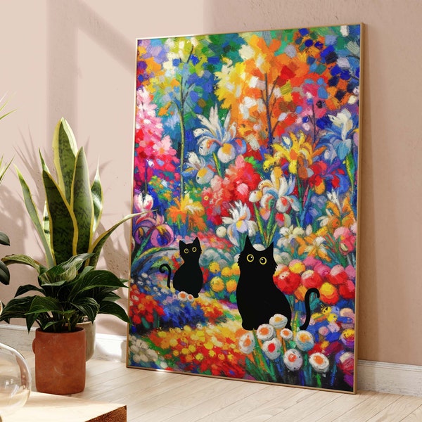 Black Cat Poster, Matisse Cat Print, Garden Flowers Cat Poster, Colorful Cat Art, Funny Cat print, Funny gift Idea, Home decor Poster PS0525