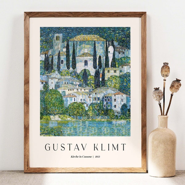 Affiche Gustav Klimt, art Kirche in Cassone, affiche paysage Italie, impression Art nouveau église à Cassone, affiche lac, idée cadeau art GK021