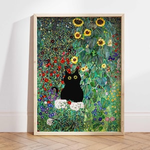 Zwarte kat kunst, Gustav Klimt tuinkat print, Klimt bloemen kat poster, bloemenprint, grappige kat print, grappig cadeau, Home decor poster PS0538