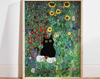 Arte del gatto nero, stampa del gatto da giardino di Gustav Klimt, poster del gatto con fiori di Klimt, stampa floreale, stampa divertente del gatto, regalo divertente, poster per la decorazione della casa PS0538
