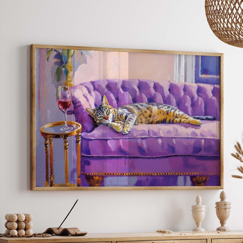 Tabby Cat With Red Wine Art Print, Cute Quirky Whimsical Wall Art ...