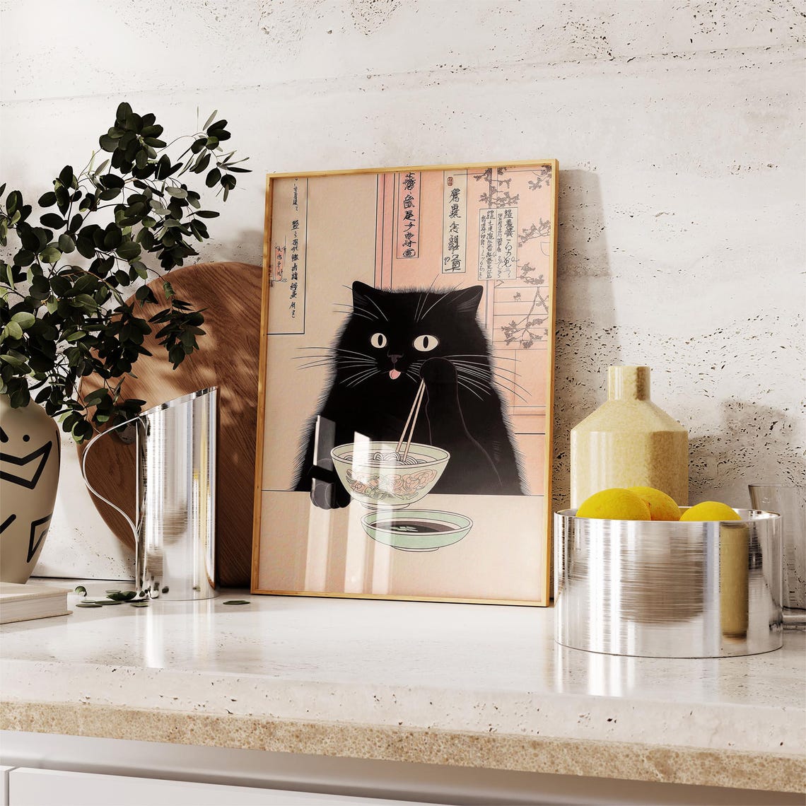 Funny Black Cat Ramen Noodles Poster, Japanese Kitchen Art Print - Etsy