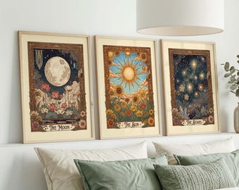Tarot Wall Art Set: Vintage Celestial Botanical Prints (Sun Moon Stars)
