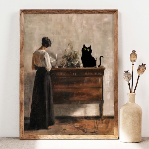 Impression de chat noir, affiche de femme lisant avec un chat noir, art de chat, cadeau d'impression de chat drôle, affiche rustique, idée cadeau chaton noir, art mural PS0512