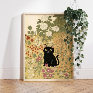 Floral Black Cat Poster Gift, Botanical Cat Wall Art, Cute Cat in Flowers Print, Cottagecore Cat Decor, Cat Lover Gift Nature Cat Art PS0760
