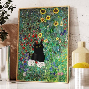 黒猫アート、グスタフ・クリムトの庭の猫のプリント、クリムトの花猫のポスター、花柄プリント、面白い猫のプリント、面白いギフト、ホームデコレーションポスター PS0538