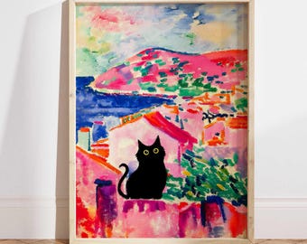 Black Cat Print, Matisse Cat Poster, Black Cat Art Print, Funny Cat print, grappig cadeau, kunst aan de muur huis, kat in schilderij, kattenliefhebber cadeau PS0574