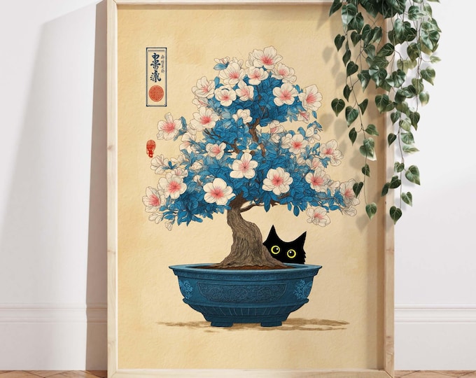 Black Cat Bonsai Art Print, Japanese Ukiyo-e Wall Art, Cherry Blossom Tree Poster, Japan Decor, Funny Cat gift, Home decor Poster
