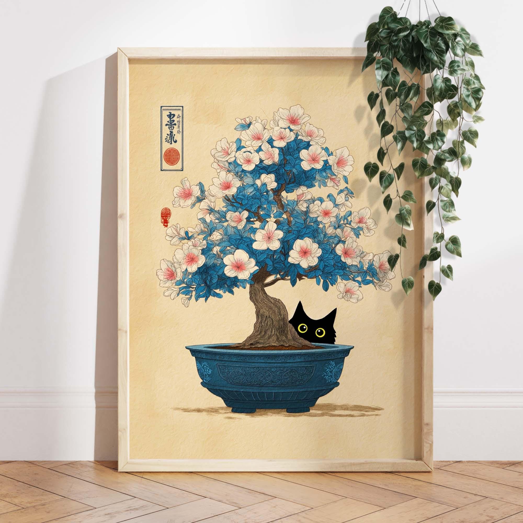 Black Cat Bonsai Art Print, Japanese Ukiyo-e Wall Art, Cherry