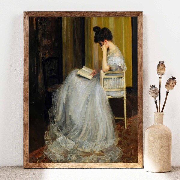 The Readers by Jacques-Emile Blanche 1890 Poster, Woman in Beautiful Light Dress Reading in a Chair Antique Academia Painting Print PS0364