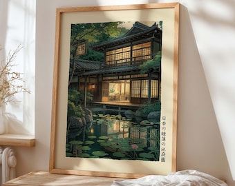 Japanese Garden Print – Ryokan Pond, Oriental Landscape Art