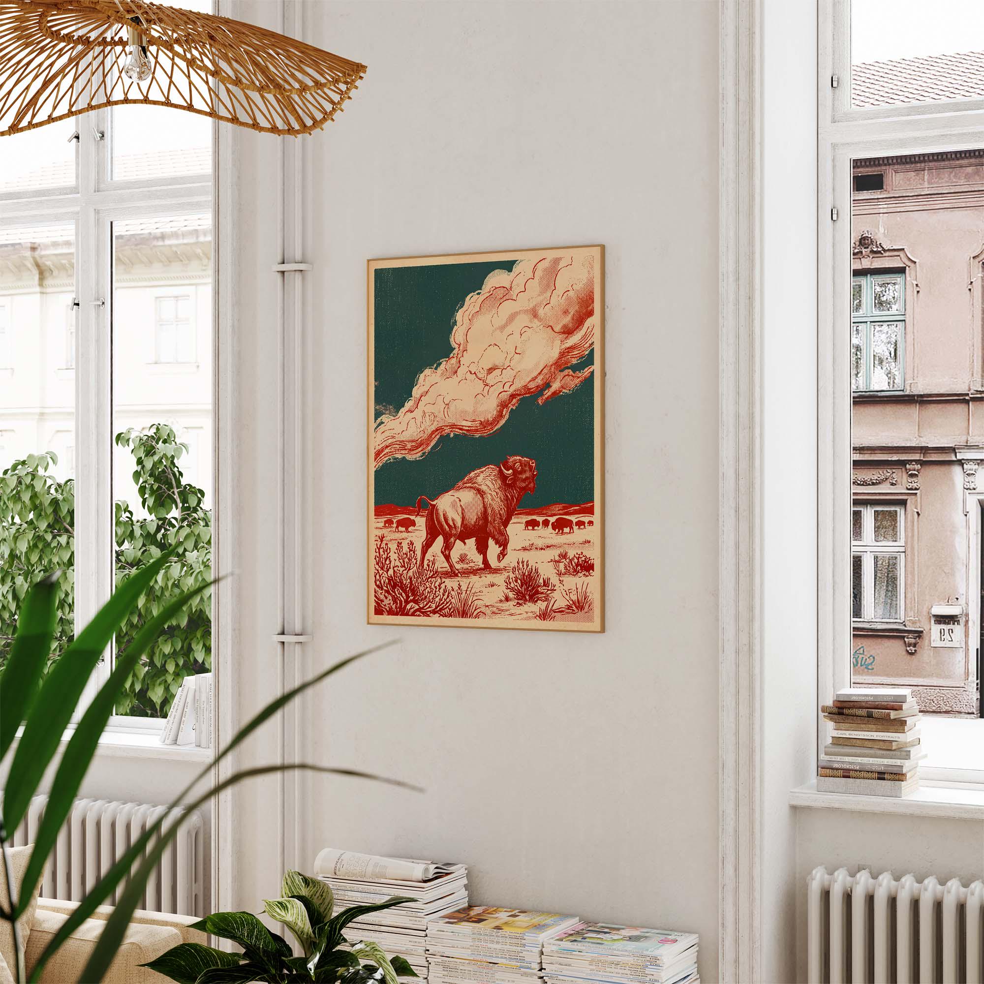 Buffalo Wall Art Print, Bison Western Poster, Vintage Prairie Landscape ...