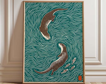 Otter Wall Art, Japanese Woodblock Style Print, Teal Ocean Wildlife Poster