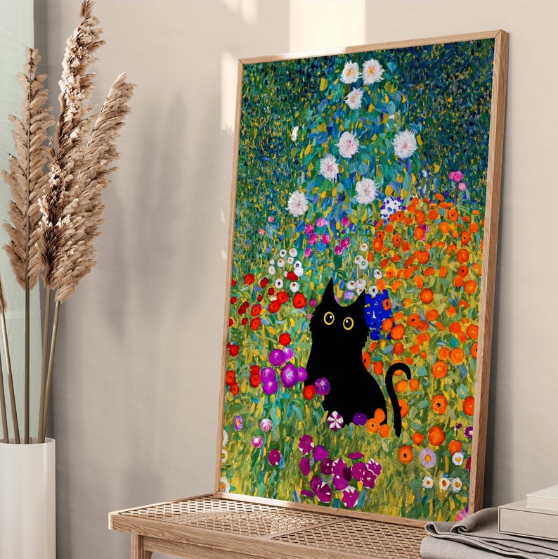 Gustav Klimt Garden Cat Print, Klimt Flowers Cat Poster, Black Cat Art, Floral Print, Funny Cat print, Funny gift, Home decor Poster PS0501 image 2