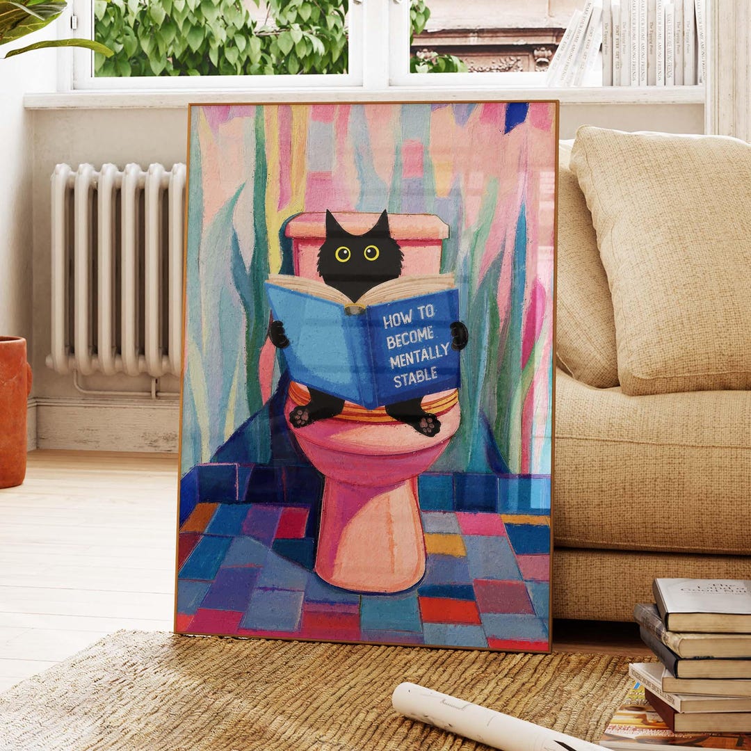 Bathroom Cat Print, Pink Toilet Poster, Funny Pink Restroom Art ...