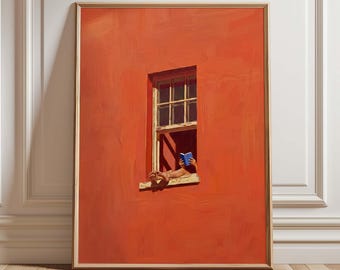 Reading Nook Wall Art Print, Woman Reading in Window Poster, Minimalist Book Lover Decor, Sunlit Orange Artwork