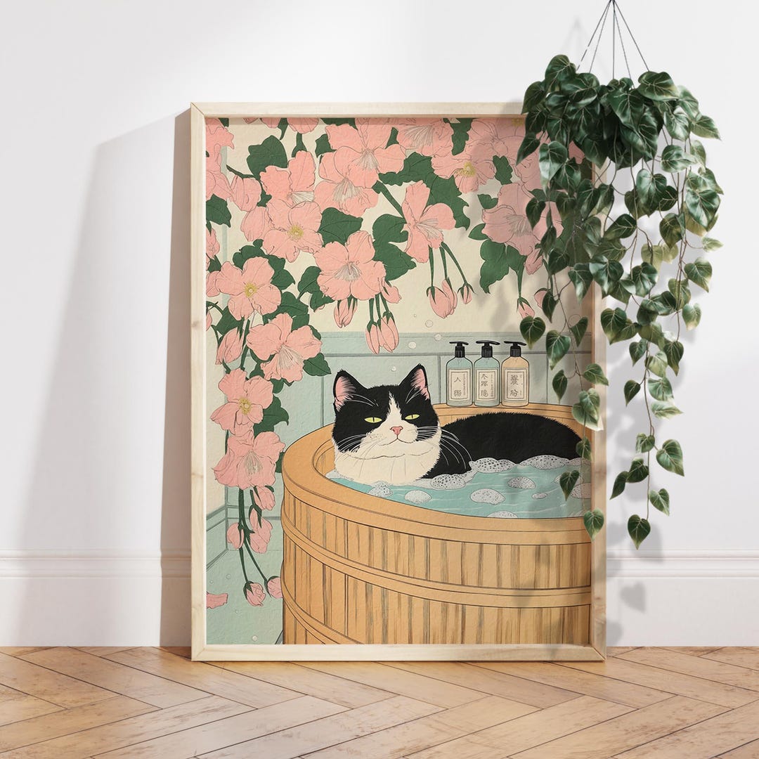 Tuxedo Cat in Bathtub Japanese Bathroom Decor, Japan Art Print ...