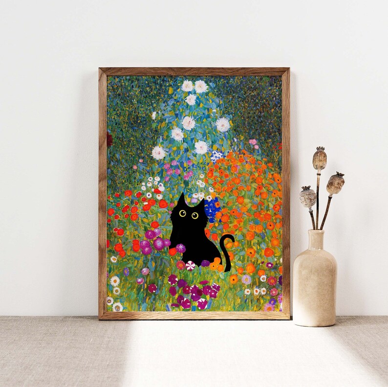 Gustav Klimt Fluffy Black Cat Among Flowers – Framed Wall Art Print (Multicolored, Vertical)