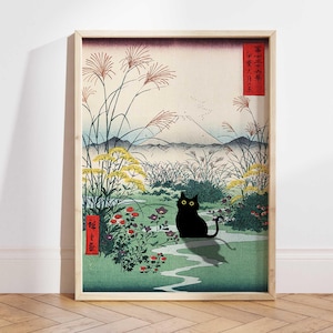 Schwarze Katze Otsuki Plain in der Kai Provinz Poster, Hiroshige Kunstwerk, Japanische Katze Druck, Japanische Kunst, Edo Periode Mount Fuji Poster PS0307