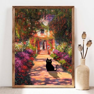 Monet Garden Cat Print, Claude Monet Flowers Cat Poster, Cat Art, Floral Print, Funny Cat print, Regalo divertido, Decoración del hogar Póster PS0283