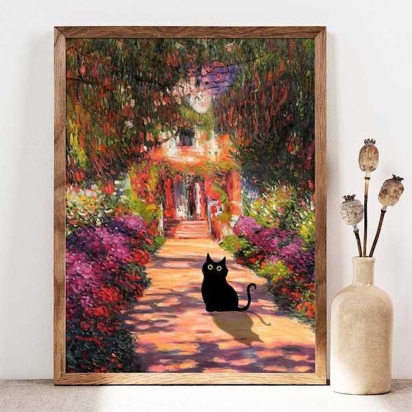 Monet Garden Cat Print, Claude Monet Flowers Cat Poster, Cat Art, Floral Print, Funny Cat print, Funny gift, Home decor Poster PS0283