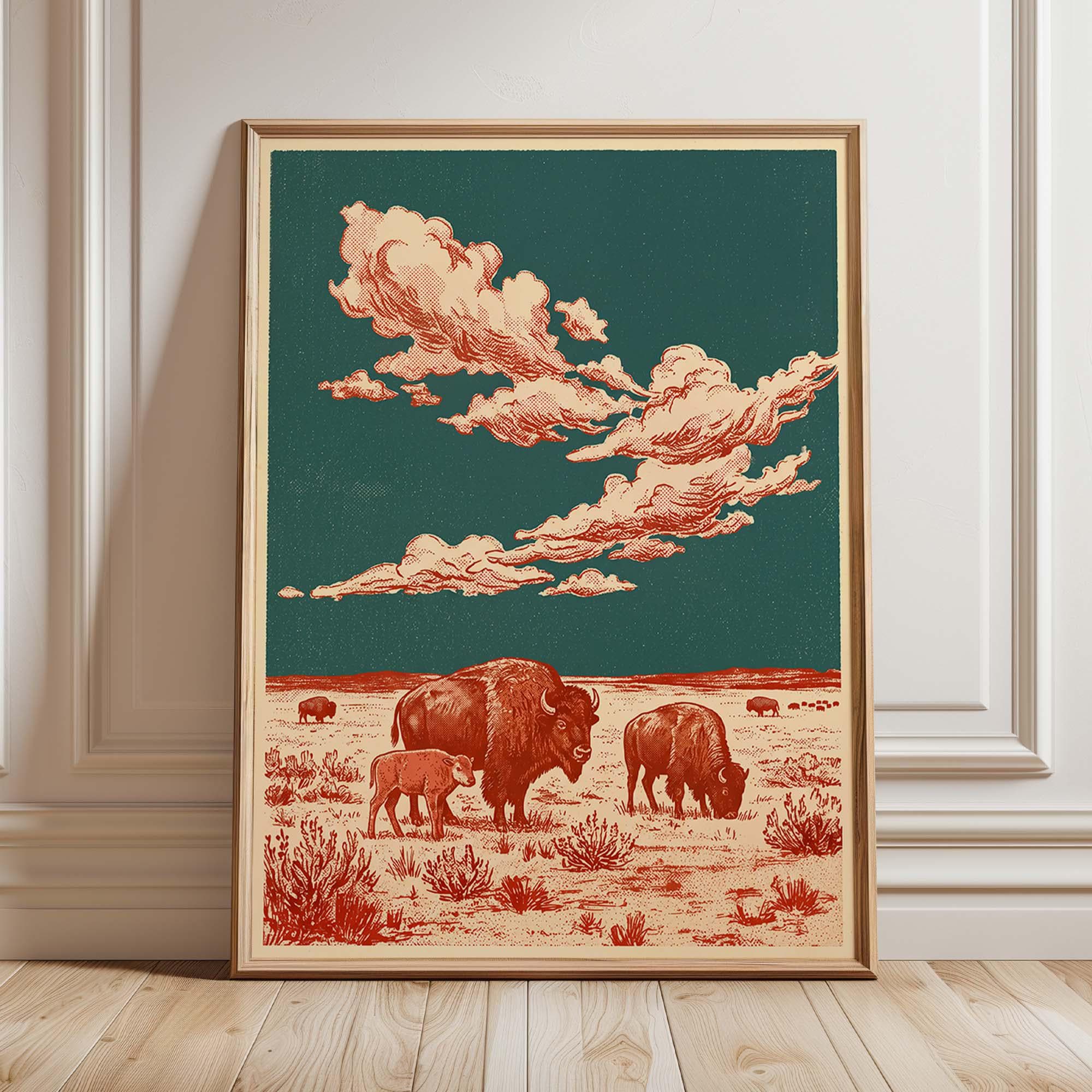 Buffalo Wall Art Print, Vintage Bison Prairie Poster, Western Wildlife ...