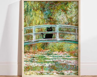 Monet Waterlily Cat Print, Claude Monet Cat Poster, Black Cat Art, Floral Print, Funny Cat print, Funny gift, Home decor Poster PS0015