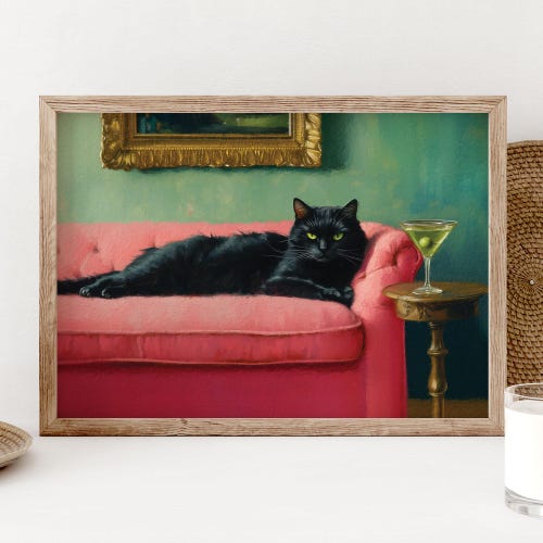 Affiche Chat Noir au Martini, Décoration Murale Mignonne, Originale et Fantaisiste, Décoration de Bar à Cocktails Rose, Cadeau d'Art pour les Amoureux des Chats PS0657