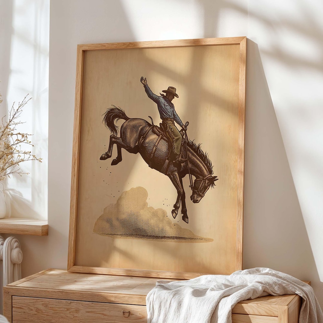 Western Cowboy Wall Art Print, Rodeo Horse Poster, Vintage Bronco Rider ...