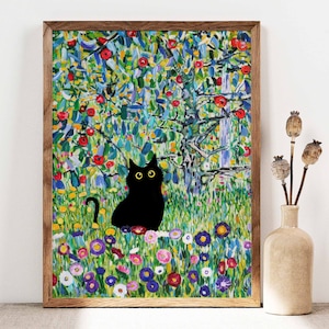 Gustav Klimt Garden Cat Print, Póster de Apple Tree Cat, Arte de gato negro, Estampado floral, Estampado de gato divertido, Regalo divertido, Póster de decoración del hogar PS0361