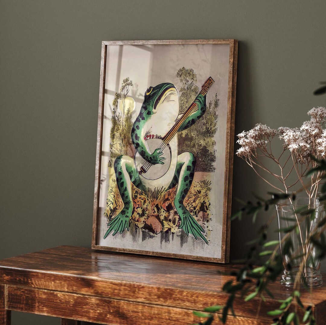A Frog Playing Banjo in the Moonlight Vintage Poster, Art Deco, Vintage Print, Colorful Wall Art