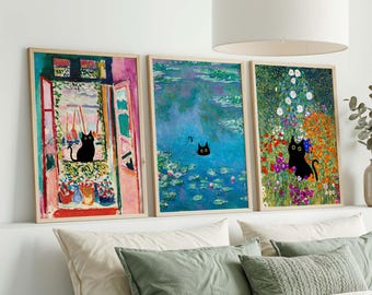 Juego de 3 pósteres de gato negro, lámina de gato de jardín de Klimt, póster de gato con flores de Monet, lámina divertida de gato, regalo divertido, regalo de arte mural de galería