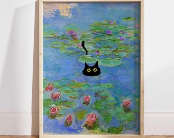 Monet Waterlily Cat Print, Claude Monet Cat Poster, Cat Art, Floral Print, Wall Art, Monet Office Wall Decor, Living Room Cat Gift PS0743