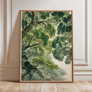 Op de afbeelding: Een ingelijste kunstdruk met een groen boslandschap. Het kunstwerk toont een perspectief omhoog door de bomen, met verschillende tinten groen in het gebladerte en de takken. De print zit in een houten lijst.