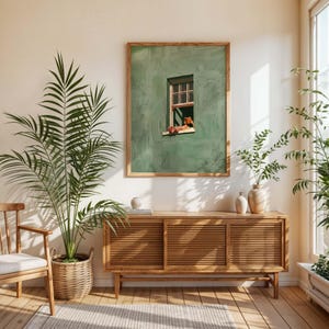 May include: A framed art print featuring a green wall with a window. The window has a wooden frame and a figure is resting on the windowsill. The room is decorated with plants, a wooden cabinet, and a chair.