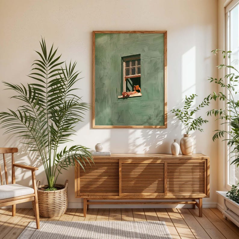 May include: A framed art print featuring a green wall with a window. The window has a wooden frame and a figure is resting on the windowsill. The room is decorated with plants, a wooden cabinet, and a chair.