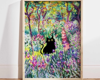 Black Cat Print, Claude Monet Flowers Cat Poster, Monet Irises Garden Cat Art, Floral Print, Funny Cat print, Funny gift, Home decor PS0594