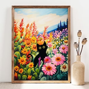 Black Cat Print, Sunflowers Cat Poster, Cat Art, Floral Print, Funny Cat print, Fowers Poster, Flower Garden Black Kitten Gift Idea C008