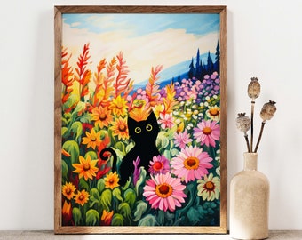 Black Cat Print, Sunflowers Cat Poster, Cat Art, Floral Print, Funny Cat print, Fowers Poster, Flower Garden Black Kitten Gift Idea C008