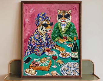 Whimsical Tiger Dining Print, Maximalist Kitchen Art, Wine Lover Poster