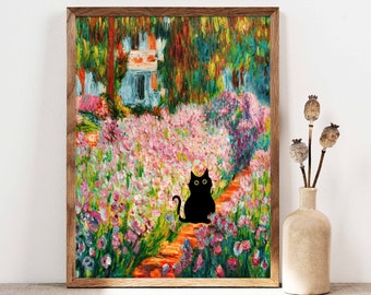 Monet Garden Cat Print, Claude Monet Flowers Cat Poster, Irises Cat Art, Floral Print, Funny Cat print, Funny gift, Home decor Poster PS0469